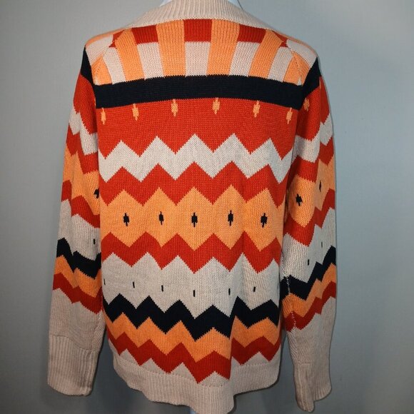 DEXTER ZIGZAG PATTERN SWEATER IN ORANGES BLACK AND CREAM LONG SLEEVE SIZE LARGE - Picture 2 of 6